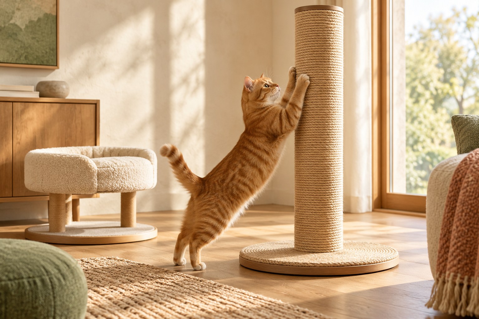 A ginger cat beside a sisal scratching post and low fabric cat perch in a sunlit home.